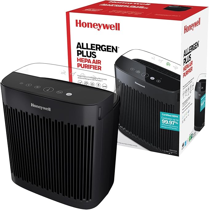 Honeywell Allergen Plus HEPA Air Purifier for Home, Large Rooms up to 900 Ft², Turbo Clean, HEPA Filter Reduces Allergens, Dust, Pollen, Pet Dander, All Smoke Types, Odors, Black, HPA5100B