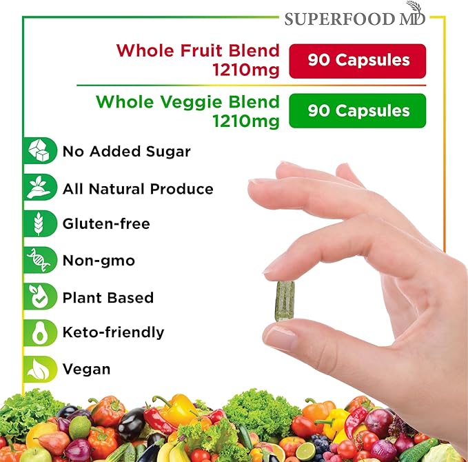 Superfood MD Fruits & Veggies Supplement - Whole Food Natural Superfoods - with Aloe Vera - Soy Free- 90 Count (Pack of 2)