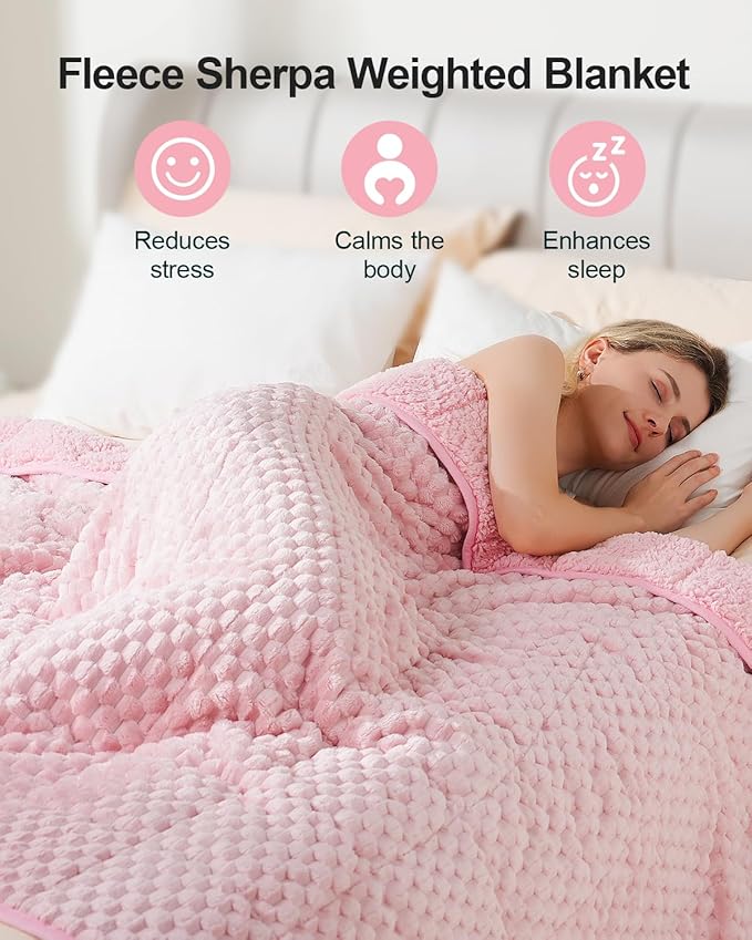 Super Soft Luxury Fleece Sherpa Weighted Blanket 15lbs for Adults, Turtle Shell Fluffy Cozy Warm Queen Weighted Throw for Winter, Ceramic Beads Washable Heavy Blankets for Couch Bed, Pink, 60" x 80"