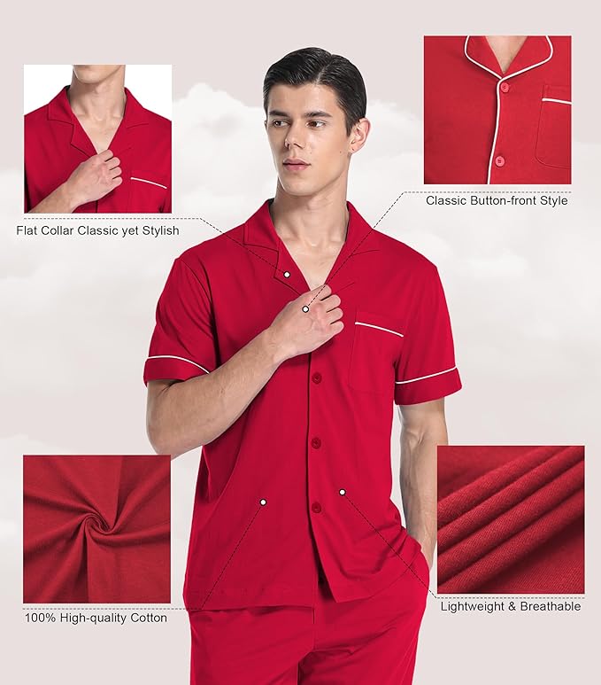 COLORFULLEAF Men's 100% Cotton Pajamas Set Button Down Sleepwear Short Sleeve and Long Pants Pjs