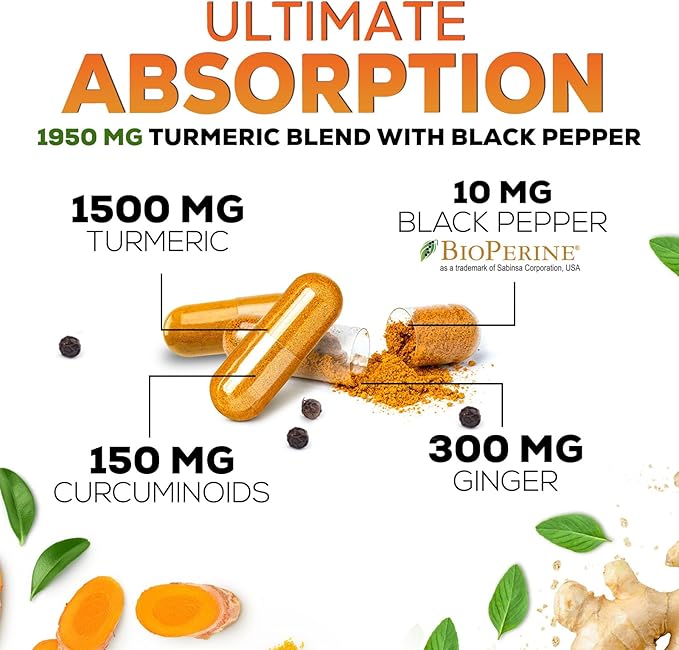 Turmeric Curcumin Supplement 1950mg - 95% Curcuminoids with Organic Turmeric & Ginger, BioPerine Black Pepper for Best Absorption, Nature's Vegan Joint Support, Non-GMO, Bottled in USA - 180 Capsules