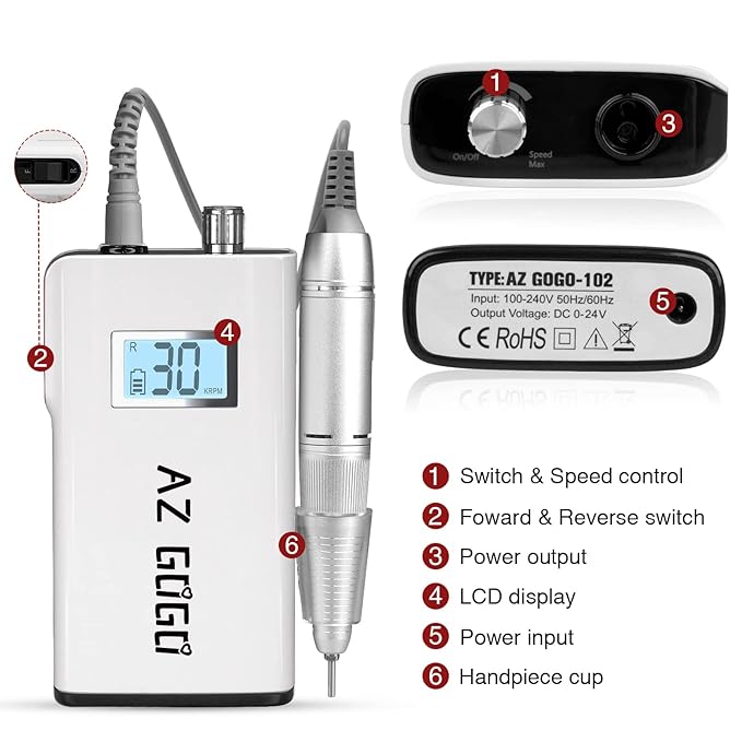 AZ GOGO Nail Drill Machine, 30000RPM Rechargeable Professional Portable Nail Drills for Acrylic Gel Nails - Salon Home Use (White)
