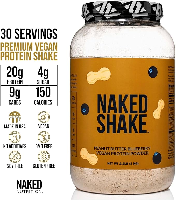 Naked Shake - Peanut Butter Blueberry Protein Powder, Plant Based Protein with Mct Oil, Gluten-Free, Soy-Free, No Gmos Or Artificial Sweeteners - 30 Servings