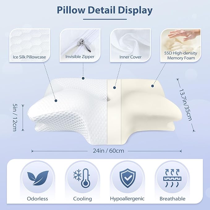 HOMCA Cervical Pillow, Ergonomic Memory Foam Pillow for Neck and Shoulder Pain Relief with Cooling Ice Silk Pillowcase, Orthopedic Neck Bed Pillow for Side, Back and Stomach Sleepers