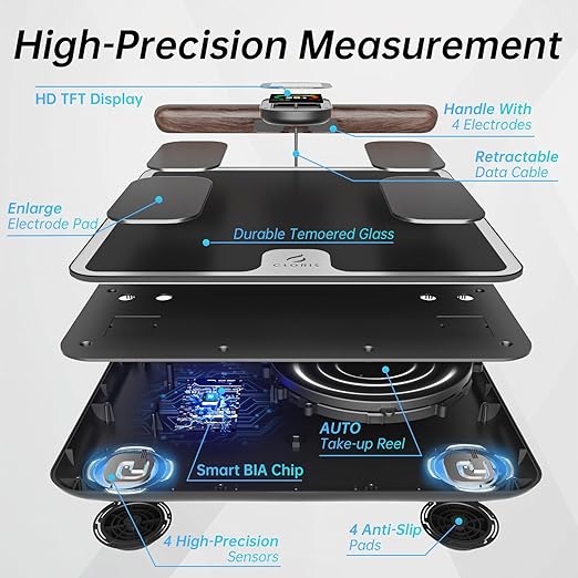 CLORIS Digital Smart Scale for Body Weight Fat BMI Muscle Mass 28 Body Composition Measurement Health Analyzer 8 Electrodes with App Bluetooth, Full-Color TFT LCD