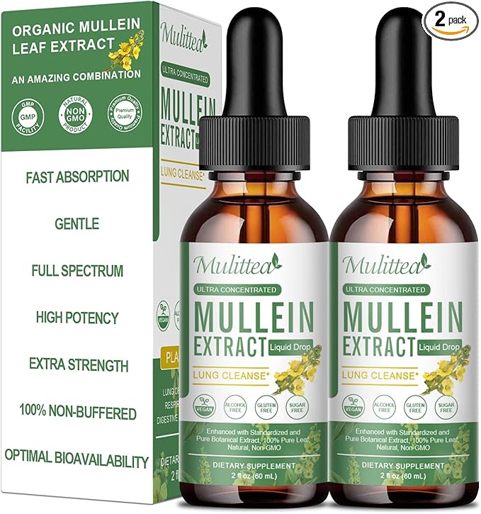 2 Pack Mullein Drops for Lungs - Lung Cleanse & Detox- Vegan Mullein Leaf Extract for Lung Immune,Respiratory Digestive -9 Potent Herbal Supplement to Renew -As Liquid, Tincture- 2Fl Oz (Pack of 2)