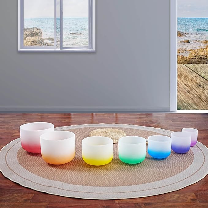 6-12inch 432hz Quartz Crystal Singing Bowls Set of 7, for Healing Mindfulness Meditation Yoga Sound Baths