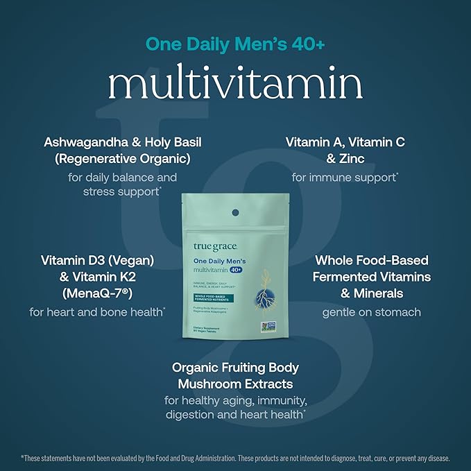 True Grace Men's 40+ One Daily Multivitamin Fermented Minerals, Organic Adaptogens & Mushrooms Whole Body Balance Immune, Endurance, Bone & Heart Support Supplement - Non-GMO - 90 Vegetarian Tablets