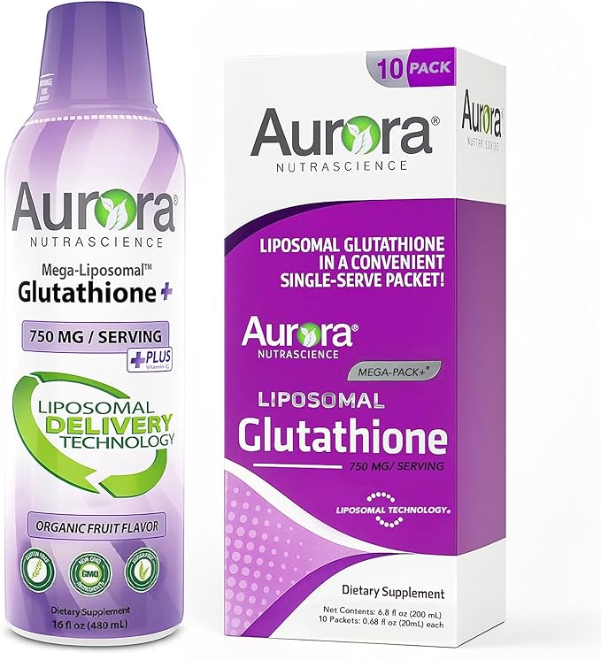 Aurora Nutrascience Mega-Liposomal Glutathione + VIT C Bottle & Liquid Glutathione 10 Serving Packs Bundle - 750mg/serving