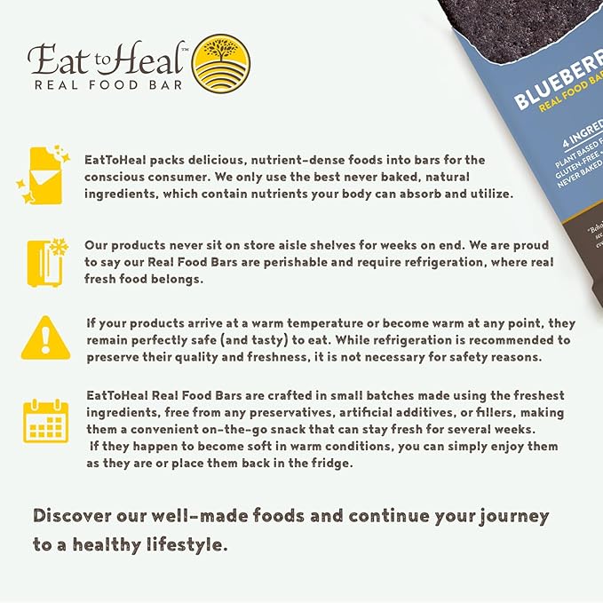 EatToHeal Blueberry Real Food Bar - Organic Protein Bars, Vegan Food, Healthy Gluten Free Protein Food - Low Sugar Protein Bars, Non GMO, Never Baked, Plant Based Organic Snacks - Crafted to Enjoy