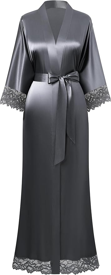 BABEYOND Satin Kimono Robe Silky Long Bridesmaid Wedding Lightweight Bath Robe with Lace Trim