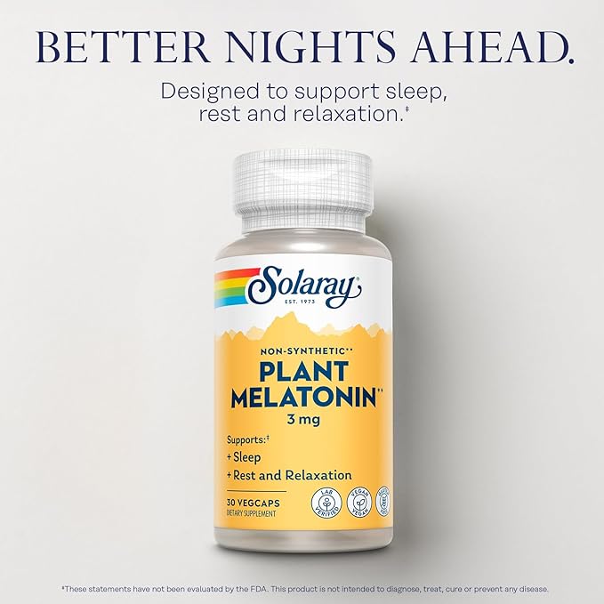 SOLARAY Plant Melatonin 3mg - Sleep Aid Supplement Made with Somato - Vegan, Non Synthetic, Nature-Derived Sleeping Pills Support - Gluten Free, Lab Verified - 30 Servings, 30 VegCaps