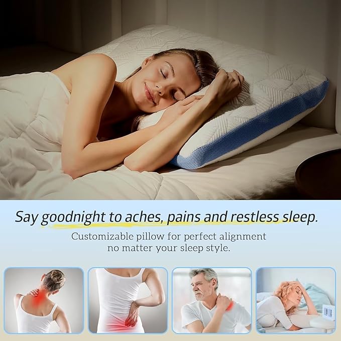 BETU Cooling Standard Pillow, Shredded Memory Foam Cool Pillow for Hot Sleepers, Adjustable Firm Soft Support Bed Pillows Perfect for Back Neck Pain and Side Sleeping with Pillows Case Cover, Blue