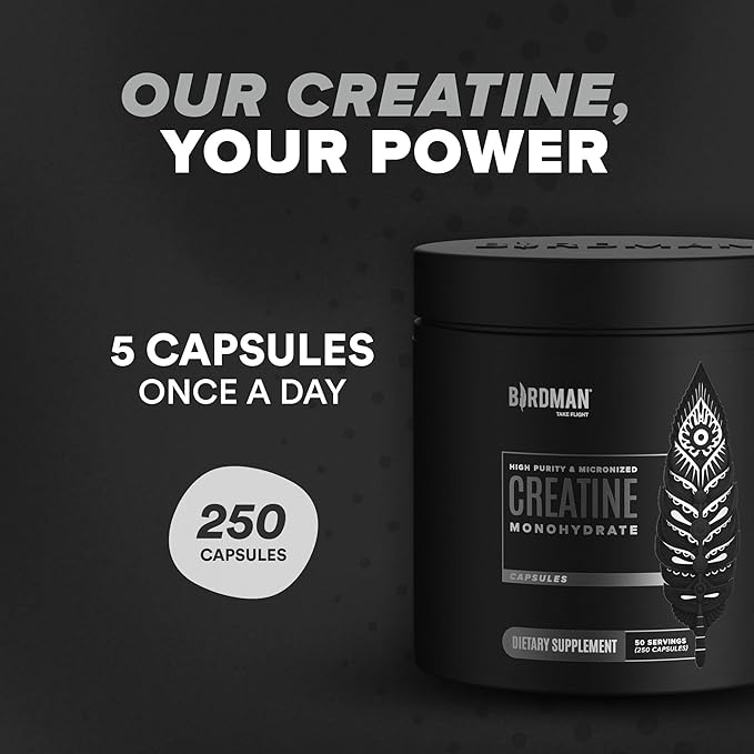 BIRDMAN Micronized Creatine Monohydrate Capsules for Muscle Growth & Recovery, Pre & Post Workout, Vegan Creatine, Caffeine Free, Gluten Free, Sugar Free | 50 Servings | 250 Capsules