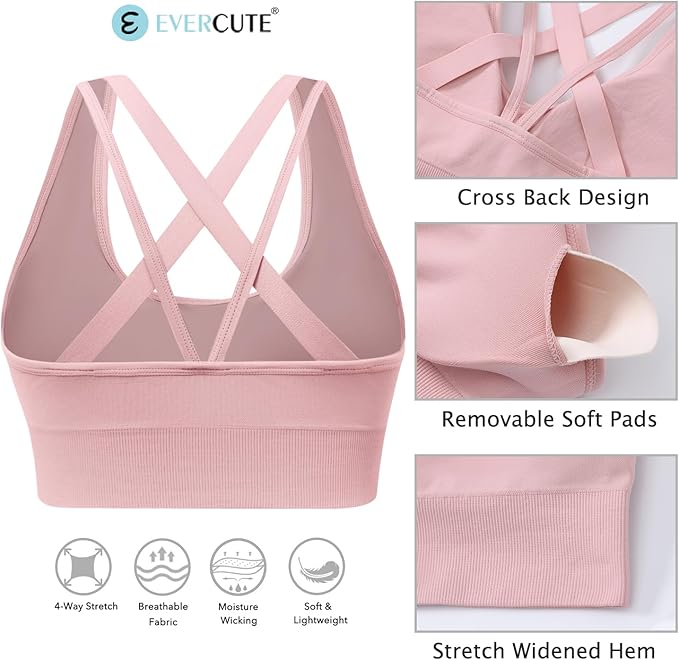Evercute Sports Bra for Women Padded Medium Support Criss Cross Strappy Bras Seamless High Impact Yoga Exercise Athletic Bras