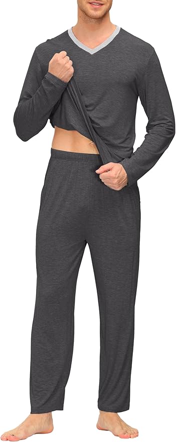 JINSHI Men's Pajama Sets Sleepwear Nightwear Lightweight Quick Dry Soft 2 Piece Long Sleeve Mens Loungewear Sets with Pocket
