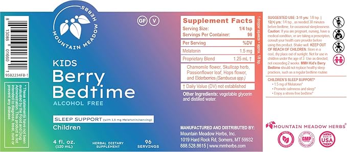 Mountain Meadow Herbs Berry Bedtime – Kids Sleep Support Drops with Melatonin, Chamomile, Lemon Balm & Passionflower - Natural Sleep Aid for Children – 4 oz