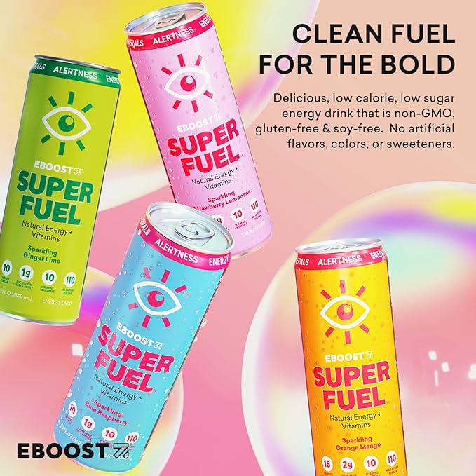 EBOOST Super Fuel Healthy Energy Drink - Caffeine from Natural & Clean Ingredients For Focus and Productivity -Taurine Free Pre-Workout With Electrolytes, Nootropic & Vitamins - Variety Pack, 12 Pack