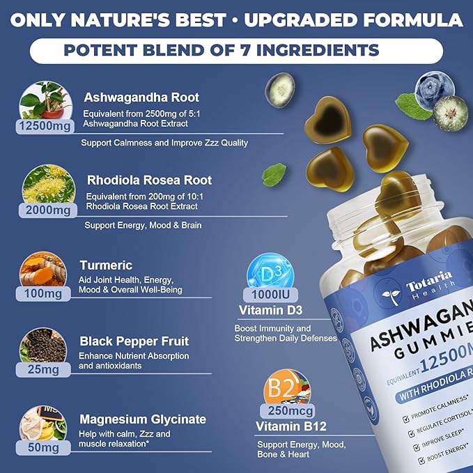 Sugar Free Ashwagandha Filled Gummies w/Vitamin D3, Magnesium Glycinate, Rhodiola, Ultra Strength Ashwa Root Supplements for Women & Wen, for Relaxation, Energy, Cortisol Gummies