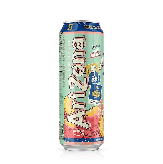 AriZona x Fallout Georgia Peach Green Tea Energy Drink, 12 pack 22 fl oz - 234mg Natural Caffeine per Can