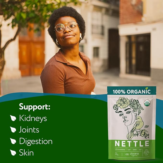 Zhivana Organics Nettle Tea โ Nettle Leaf Organic, Nettle Tea Loose Leaf, Stinging Nettles Loose Leaf Organic, Ortiga Verde Organica - Dried Herbs for Medicinal Use - 8oz
