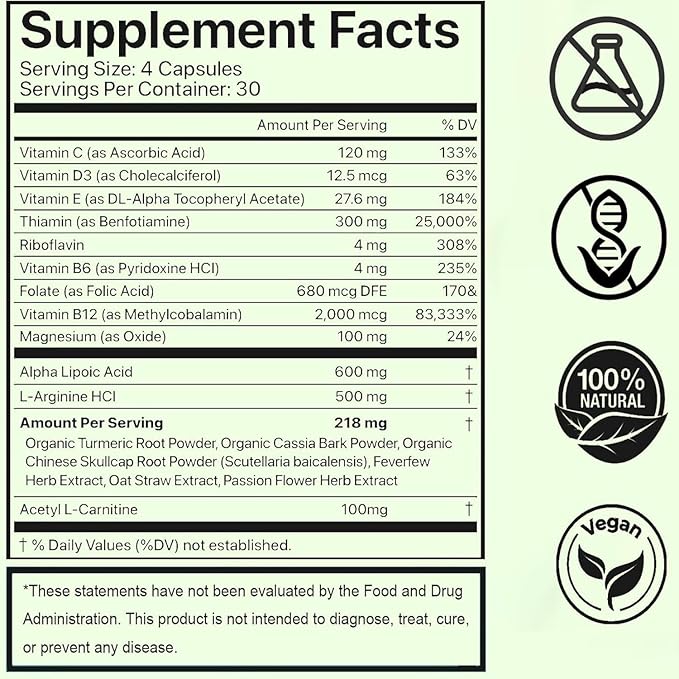 Neuropathy Pills for Nerve Discomfort, Nerve Support Supplement with Alpha Lipoic Acid 600 Mg & Acetyl L-Carnitine,Enhance Nerve Calming, Strength for Nerve Discomfort Support, 120 Count
