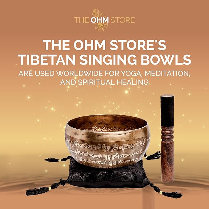 Ancient Design Large Etched Tibetan Singing Bowl Set by Ohm Store — Relaxing Deep Tone Meditation Sound Bowl and Wooden Mallet Handcrafted in Nepal — Purity Bowl (About 6 Inch)