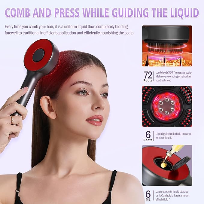 Electric Scalp Massager, 3-in-1 Hair Oil Applicator & IPX7 Waterproof Scalp Brush, Cordless, Portable Head Massager for Home & Travel, Red