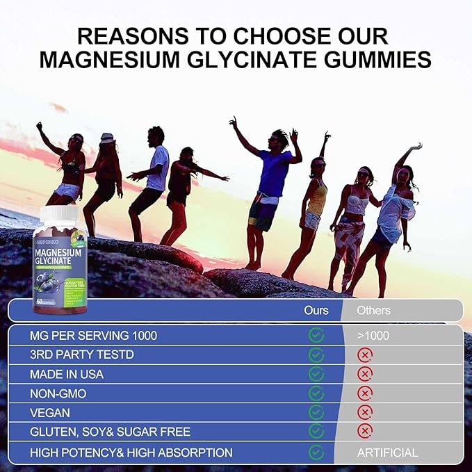 Magnesium Glycinate Gummies 1000mg - Sugar-Free Magnesium Potassium Supplement with Vitamin D, B6, CoQ10 for Adults & Kids,High Absorption for Calm Mood & Sleep Support - 60 Blueberry Gummies