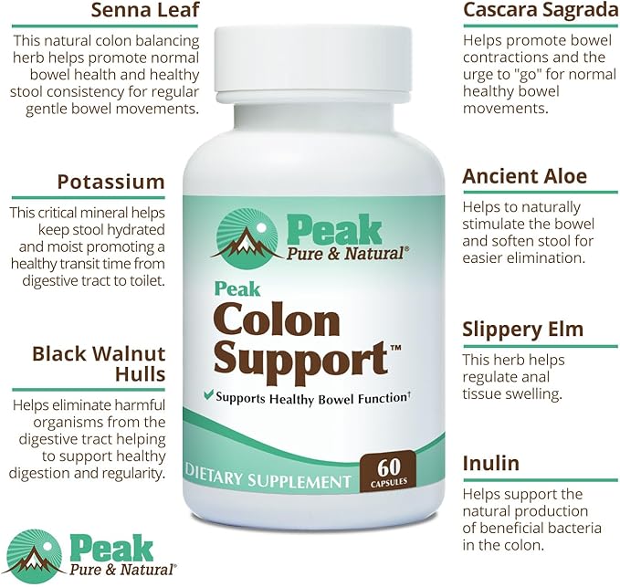 Peak Pure & Natural Colon Support - Colon Cleanse and Detox Supplement for Digestive Health - Gut Health Support with Inulin and Senna Leaf Extracts - with Fiber, Prebiotics, and Probiotics - 1 Pack