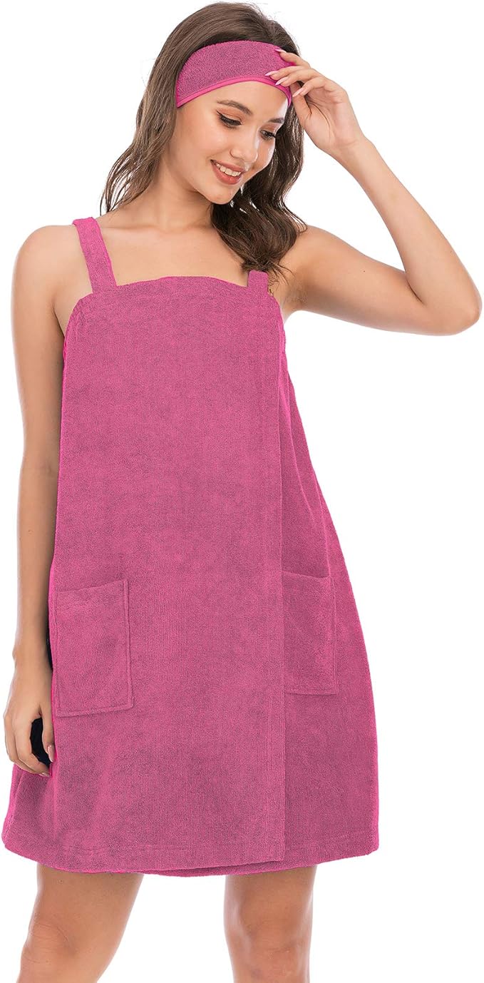 Veseacky Women Bath Wrap Towel for Womens Shower with Pocket Adjustable Spa Robe & Facial Headband