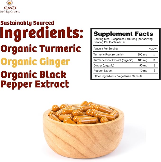 Infinity Turmeric Capsules, High Potency Curcumin Supplement, USDA Certified Organic Supplement with Black Pepper and Ginger, Raw, Vegan Gluten Free