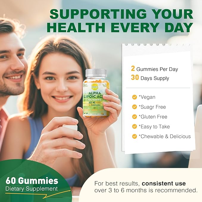 Pure R-Alpha Lipoic Acid 600mg with Benfotiamine for Nerve Support, Antioxidant Support, ALA Supplement Alpha Lipoic Acid Gummies - Vegan, Sugar-Free, 60 Counts