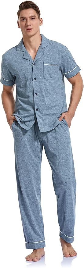 COLORFULLEAF Men's 100% Cotton Pajamas Set Button Down Sleepwear Short Sleeve and Long Pants Pjs