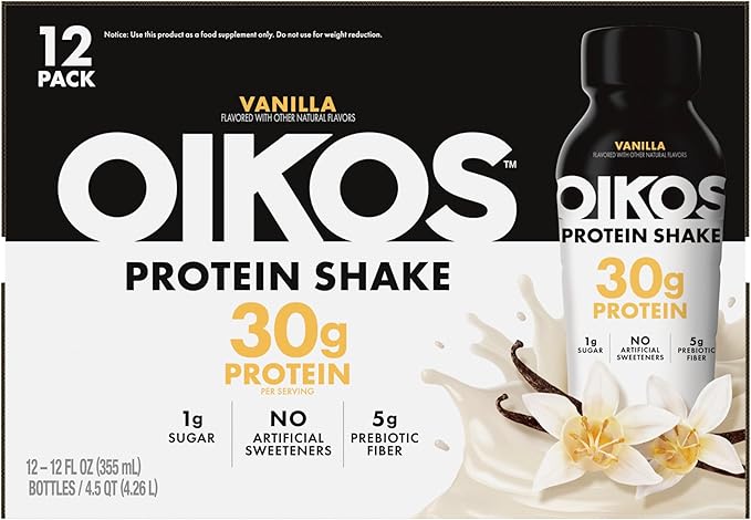 Oikos Protein Shake, Vanilla, 30g High Protein Drinks, Shelf Stable, Ready to Drink, 5g Prebiotic Fiber, 12 fl oz Bottle, 12 Count
