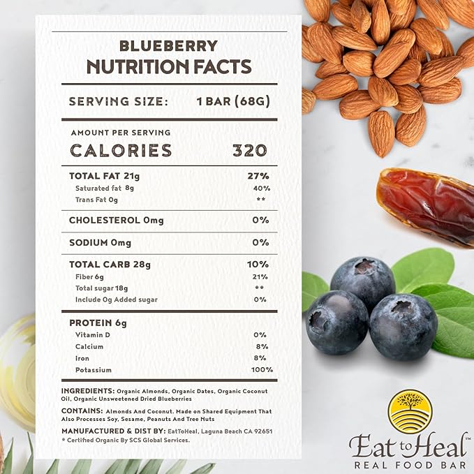 EatToHeal Blueberry Real Food Bar - Organic Protein Bars, Vegan Food, Healthy Gluten Free Protein Food - Low Sugar Protein Bars, Non GMO, Never Baked, Plant Based Organic Snacks - Crafted to Enjoy