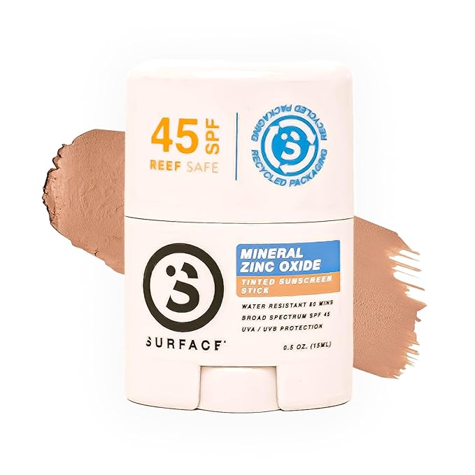 Surface Mineral Sunscreen Face Stick SPF 45, Lightweight Non-Nano Zinc Oxide Formula, Reef Friendly, Broad Spectrum UVA UVB Protection, Water Resistant Sun Care for 80 Minutes, Tinted, 0.5oz