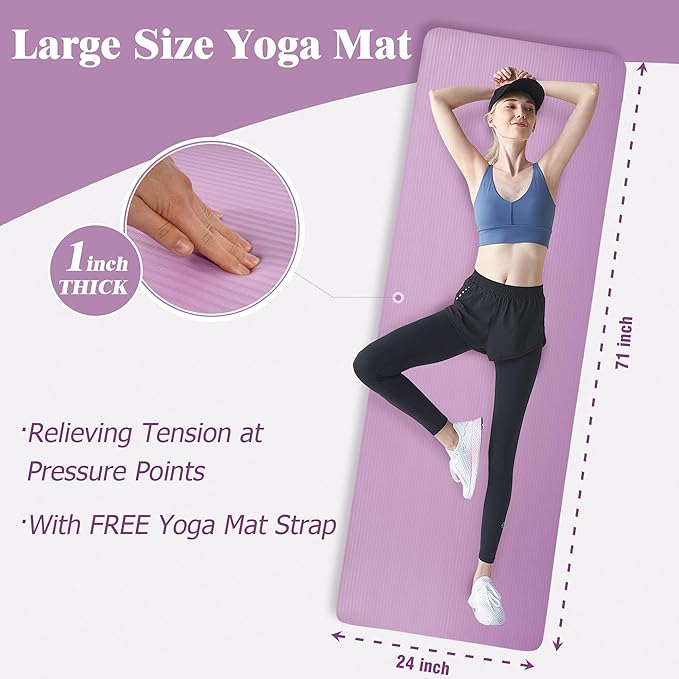 Yoga Mat 1-Inch Extra Thick High-Density Exercise Mat with Non-Slip Surface & Carry Strap for Men & Women Tear-Resistant Pilates Workout Mat for Home Gym, Floor Fitness, Taro Purple