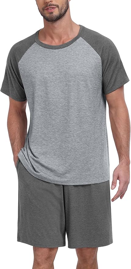 Mens Pajama Set Summer Pjs Sleepwear Lightweight Short Sleeve Pjs Soft Comfy Sleep Set With Pocket