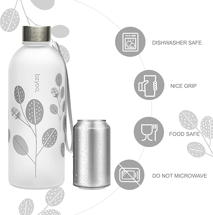 bzyoo 32oz 1 Liter Clear Water Bottle with Time Marker, Leaf Design, Durable Plastic, BPA-Free, Reusable with Measurement Markings for Fitness and Outdoor Activities (Color: Silver)