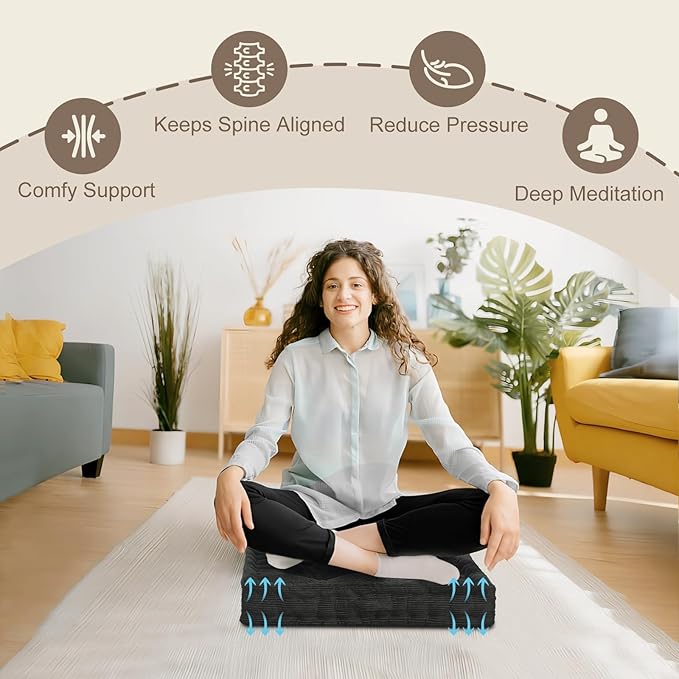 Square Floor Pillows for Adults Kids - Meditation Floor Pillow Seating Cushion - Tufted Floor Cushion with Shredded Foam & Velvet Cover, 1 Pack, 20x20 Inch, Gray