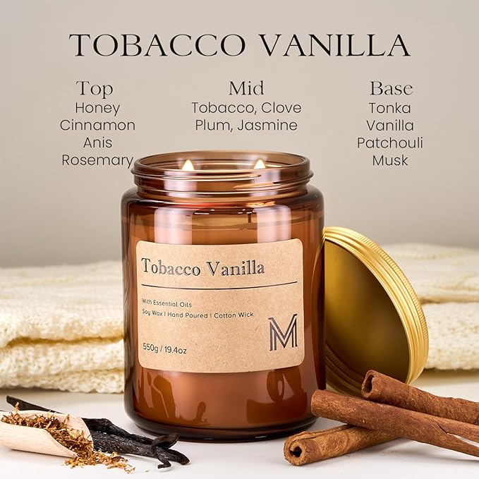 M&SENSE Tobacco Vanilla Home Scented Candle | 19.4oz, 115-Hour Burn | Natural Organic Soy Wax | Long-Lasting for Stress Relief and Gifting | for Bedroom,Relaxing SPA,Office