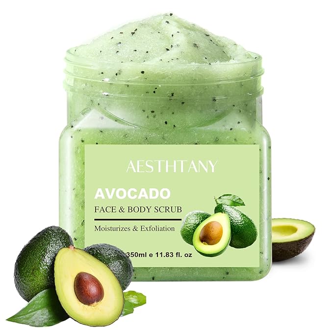O'KADY Avocado Face & Body Scrub - 11.8 fl oz (350ml) - Gentle Exfoliating with Rice Powder & Olive Oil - Hydrating Formula for Smooth Skin - Fragrance-Free