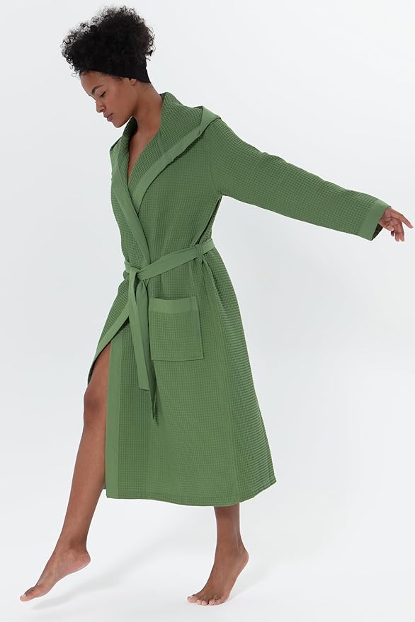 SEYANTE Women’s Luxury Waffle Shawl Collar, Hooded Robe w Piping – Lightweight, Long, Ultra Soft Spa Sleepwear Bathrobe