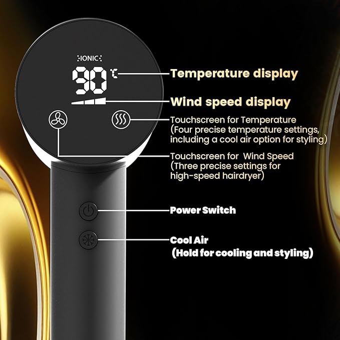 Hair Dryer,110000 RPM High-Speed Brushless Motor for Fast Drying with HD Digital Display Low Noise Compact Hair Blow Dryer for Curly Hair for Home Travel Salon #201BK