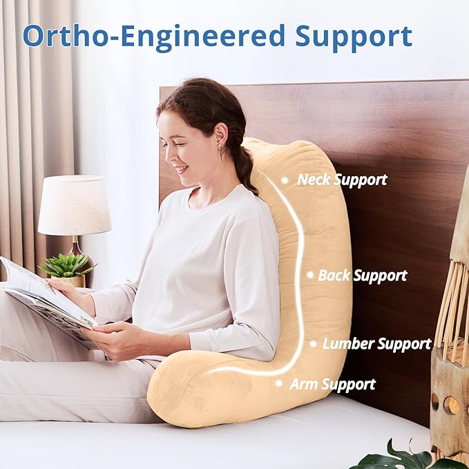 Sasttie 25-inch Reading Pillows for Sitting in Bed Adult, Jumbo Velvet Back Pillow Bed Sitting Up, XL High Back-Rest Support Cushion for Sit Up on Couch & Floor, Oeko-Tex Certified, Camel