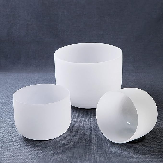Hye-eun 3pcs 6"G 8"F 10"C Frosted Quartz Crystal Singing Bowl Set 432hz with Free Carry Bag Mallets & Rubber for Sound Healing Bath Keep Balance Therapy Meditation Yoga