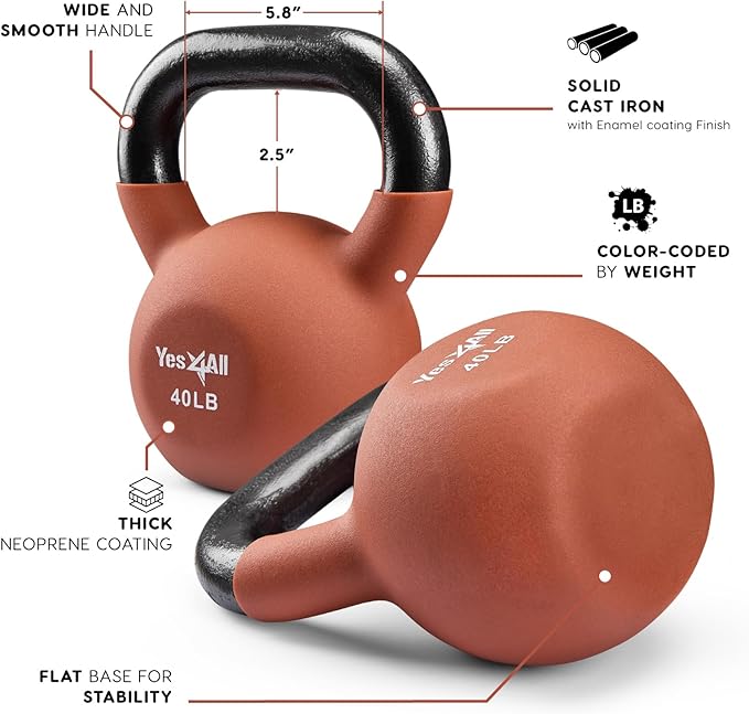 Yes4All Kettlebell, 5-65 LB Neoprene Coated Cast Iron Kettlebells, Wide Grip Handle & Flat Bottom for Swings, Squats, Deadlifts, Push Ups & Full Body Training at Home Gym - Single & Set