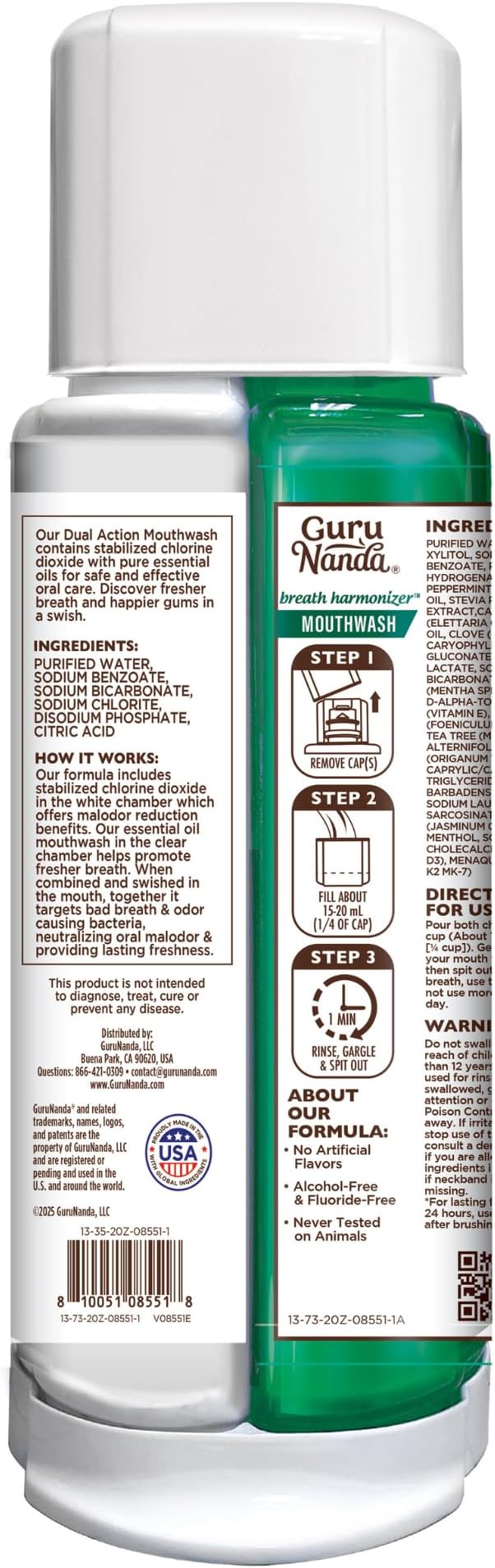 GuruNanda Dual Barrel Breath Harmonizer Mouthwash - Freshens Breath - Alcohol & Fluoride Free with Sodium Chlorite & Essential Oils - Wild Mint Flavor, 20 Fl Oz