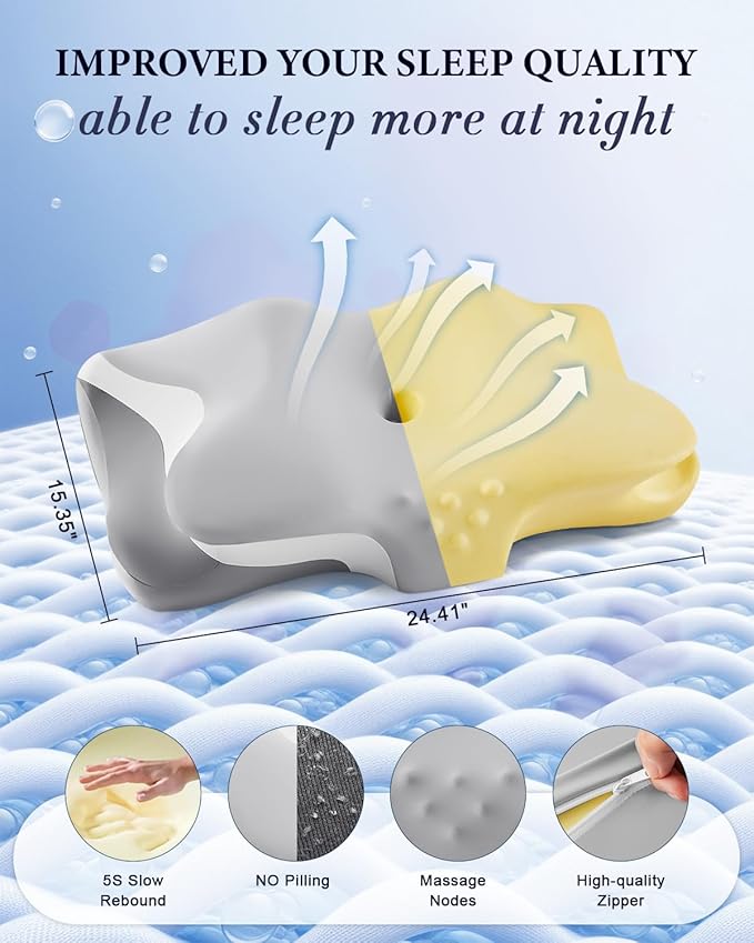 Cervical Neck Pillow for Pain Relief, Cooling Ergonomic Memory Foam Pillows for Sleeping with Luxury Breathable Pillowcase, Contour Orthopedic Neck Support Pillow for Side Back Stomach Sleepers-Grey